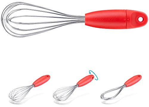 Dreamfarm Mini Flisk | 3-In-1 Stainless Steel Whisk with Ergonomic Handle | Balloon, Sauce, and Flat Whisk | Baking and Cooking Tool, Deglazing | Red