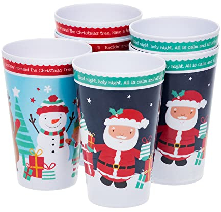 Invero 6 Pack of Children’s Christmas Reindeer and Santa Printed Tumbler Drinking Cups 500ml - Ideal for all Households, Kids, Xmas Parties and more (8cm x 13cm)