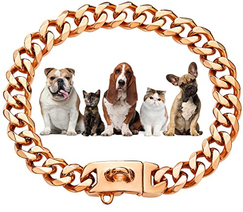 Hundehalsband mit Kette, 15 mm, 18 Karat Gold, kubanisches Glieder, mit sicherer Schnappschnalle, goldfarben, Metallhalsband für kleine mittelgroße Pitbull (15 mm, 66 cm)
