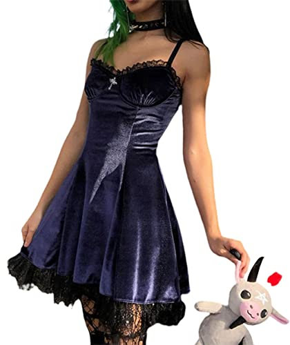 Siyova Abito da Donna in Velluto con Volant Abito Corto Donna Senza Maniche Sexy Elegante in Pizzo Vestito Ragazza Vintage Estivo (Viola, M)