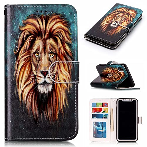 nancencen Gemalte Serie Handyhülle für iPhone XS Max 6.5 Hülle mit Ständer, Premium PU Leder Brieftasche Schutzhülle [Anti-Kratzer] Flip Case Cover Stoßfeste Klapphülle, Löwe
