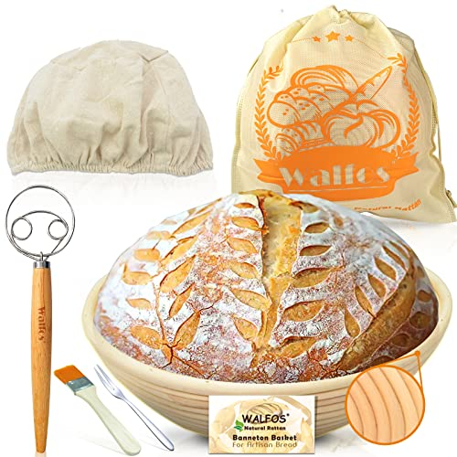 Walfos - Cesta de fermentación para hornear pan - Walfos 23 cm redondo Banneton cesta de pan de masa fermentada de estilo francés, juego de cuencos de ratán 100% natural, ideal para panaderos caseros