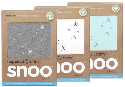 Happiest Baby SNOO Bassinet Fitted Sheet - 100% Organic Cotton Nursery Bedding - Fits SNOO Sleeper Crib Mattress - 3-Pack Bundle (White, Grey, Teal)