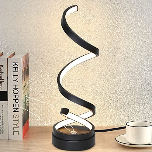 ZMH Nachttischlampe Touch Dimmbar LED Tischlampe - 12W Modern Tischleuchte Wohnzimmer mit 1,6M Kabel Schwarze Schreibtischlampe in Spiralförmigen Design Nachtlicht für Schlafzimmer Kinderzimmer