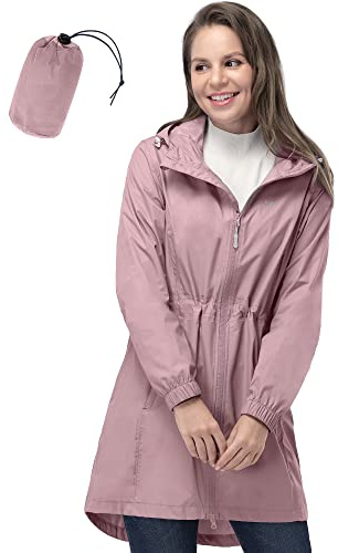 33,000ft Women's Rain Jacket Lightweight Hooded Long Rain Coat Waterproof Jacket Ladies Packable Functional Jacket Windbreaker Breathable Active Outdoor Coats Pink XL/16