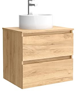 Salgar Mueble de baño Bequia 60 cm con Lavabo 100% montado de fábrica | Acabado Roble suspendido 2 cajones Cierre amortiguado Apertura con uñero | Lavabo sobre encimera | Marca