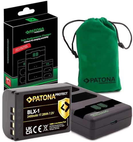 PATONA Protect BLX-1 Akku 2400mAh mit USB-C Ladegerät PD Performance Kompatibel mit Olympus OM-1 OM1 OM-3 OM3 BLX1 BL-X1 BL X1 BLX 1 Ersatzakku hitzeresistent & feuerhemmend, mit NTC-Sensor