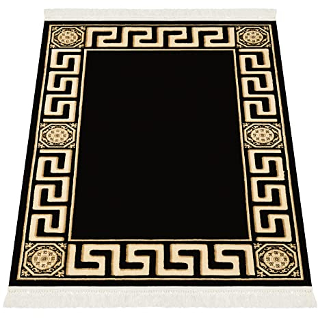 Belle Arti Premium Teppich Kurzflor Kurzflorteppich Wohnzimmerteppich 160x230 Mäander Design in Schwarz Gold - mit Fransen rutschfest Seidenoptik 100% Viskose öko tex - schwarz, 160x230 cm