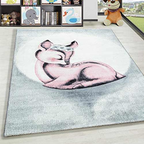 HomebyHome Tapis Enfant Rose 140x200 cm Tapis au Motif cerf pour la Chambre des Enfants. Ce Tapis est Doux et adapté à Votre bébé