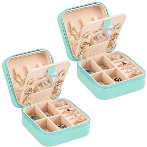 XZUZ Kleine Reise-Schmuckschatulle mit Spiegel, tragbarer Schmuck-Organizer für Ohrringe, Ringe, Halsketten, Schmuck für weibliche Mädchen (blau, 2 Stück).
