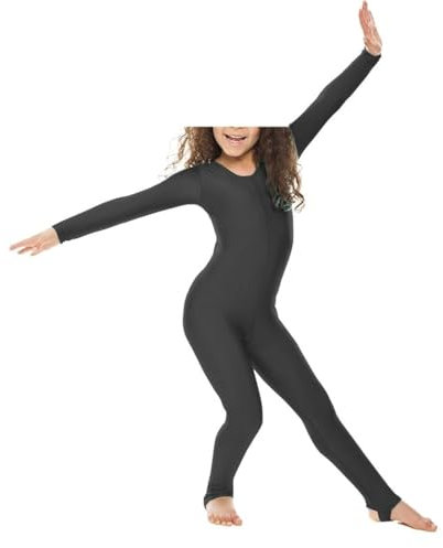 Prime fashions - Girls Shiny Nylon Long Sleeve Stirrup Catsuit - Full Body (Black, 7-8 Years)