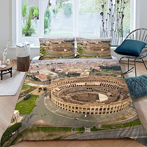 BUMIYA Bettwäsche-Sets 155x220 3 teilig Rom, Italien 3D Motiv Bettwäsche 100% Mikrofaser kuschelig mit Reißverschluss Kolosseum Himmel Kinder Jungen Teenager Weich mit 2 Kissenbezug 80x80 cm