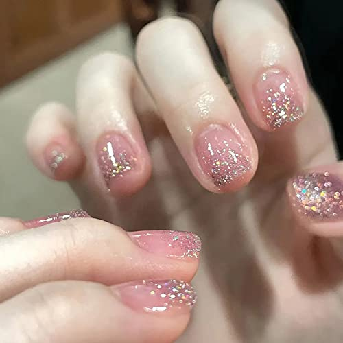 Clataly 24pcs court Rose dégradé faux ongles carrés brillant ongles impression blanc noir acrylique Cutie Nails nu Rose filles faux ongles (D)