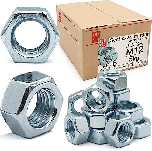 Écrou hexagonal M12, 5 Kg (env. 325 pcs), acier zingué DIN 934, filetage métrique standard, boulon 16 mm et tige filetée, fixation intérieure et extérieure, résistance 6