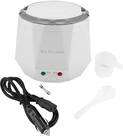 Mini Olla Arrocera Portatil, Olla Arrocera Eléctrica de 1.3 litros, 18×18.1×15.6cm, 12V 100W, Impermeable, Antiadherente, Olla Arrocera para Coche, Olla Arrocera de Viaje Para Camión(Blanco)