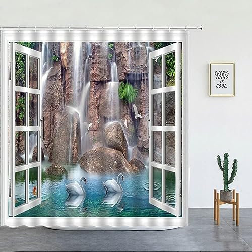 AALAYA Duschvorhang 180x200 cm Fallen, aus Stoff Polyester Waschbar Anti Schimmel Fensterbrett Shower Curtains, Duschvorhänge Curtains mit 12 Haken
