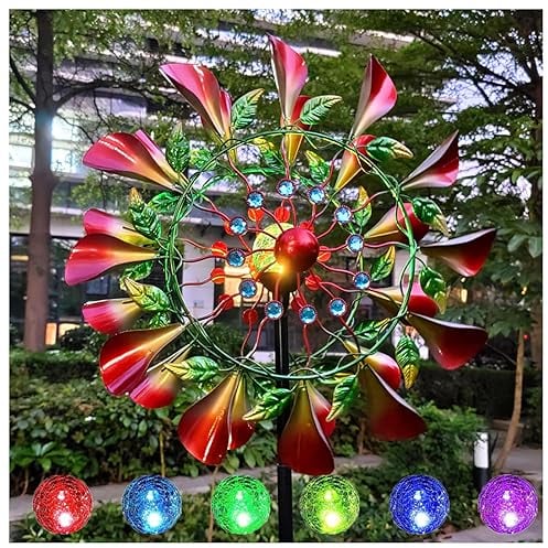 JUNZAI Solar Windrad Garten, 210cm Groß Windrad Garten Metall Gross XXL, mit LED-Licht Windrad Balkon, Wetterfestes Gartendeko