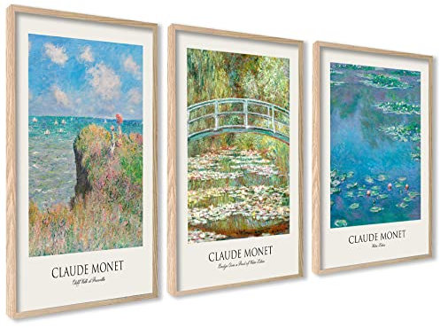 Claude Monet Poster Set | 3 Stück 50x70cm mit Rahmen Holz | Botanische Wasserlilien Paintings Wanddeko Wall Art.