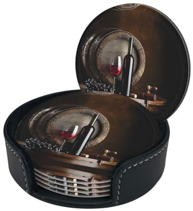 Rotweinflaschen-Glasuntersetzer, 6-teiliges Set, bedruckte runde Leder-Untersetzer, Box mit Aufbewahrungsbox
