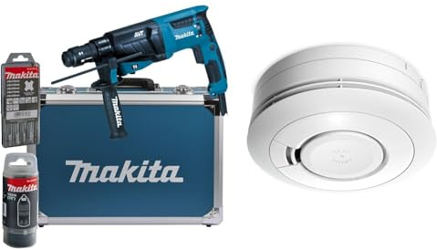 Makita HR2631FT13 Kombihammer für SDS-PLUS 26 mm im Alukoffer & Ei Electronics Ei650 Rauchwarnmelder, Rauchmelder, Stand-Alone-Gerät mit Batterie für 10 Jahre, Testsieger Stiftung Warentest, weiß