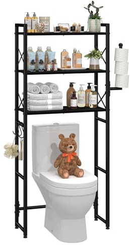 Over The WC-Aufbewahrungsregal mit Toilettenpapierhalter, Robustes Metall, 3 Etagen, Badezimmer-Organizer mit 3 Haken, Schwarz