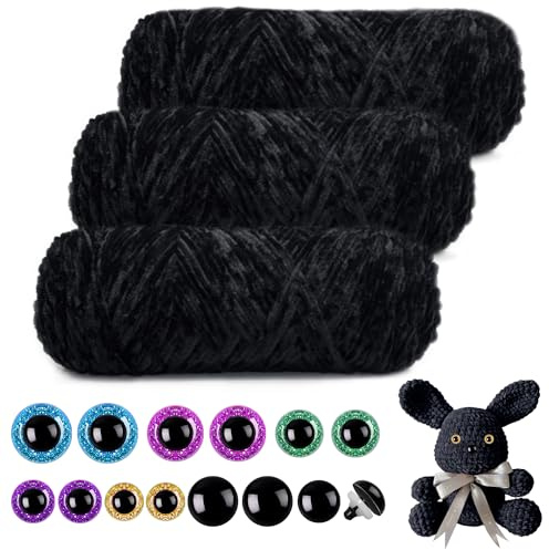Mngevcy 3 x 150 m Chenille Wolle Schwarz zum Häkeln, Flauschige Wolle, Weiche Chenille Garn mit Sicherheitsaugen für Stricken