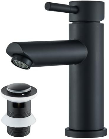 TVTIUO Black Basin Faucet with Waste, Basin Faucet with Waste Spout, Monobloc Brass Basin Faucet, Bathroom Sink Faucet