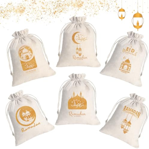Yi'antai Ramadan Geschenktüten zum Befüllen, 6 Stück Geschenksäckchen mit Zugband, 13 x 18 cm, Eid Mubarak Tüten mit klassischen Ramadan-Mustern für Ostern und Partys