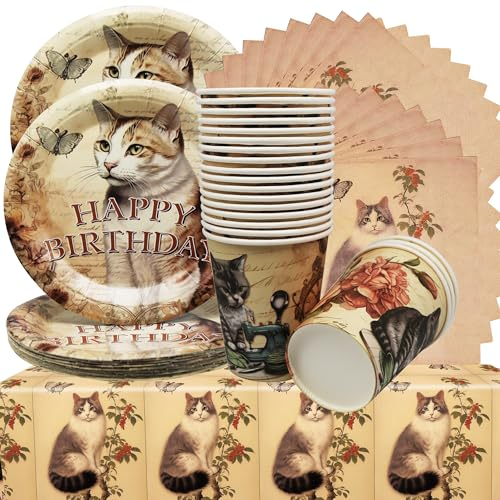 61 vajilla vintage para fiestas, platos, tazas, manteles, servilletas, servicio para 20 invitados, vajilla de fiesta de cumpleaños para amantes de los gatos