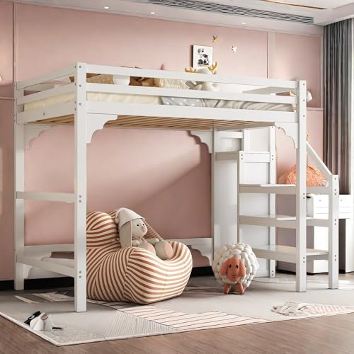 Sapgaks Lit Cabane Enfants 140x200 Avec Sommier à Lattes, Superposé Avec Marches, Mezzanine 2 Places Avec Penderie, Barrière, Escalier, Jeunesse, Blanc