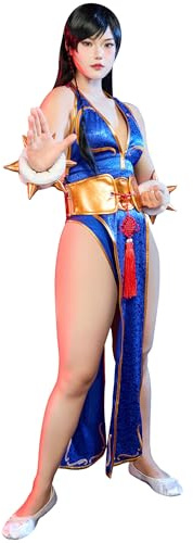 Micotaku Street Fighter Officially Licensed Classic Chun-Li Blue Cosplay Costume Golden Embroidery Side-slit Cheongsam