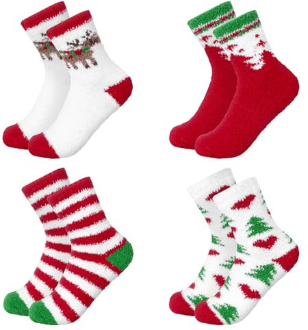 VEYLIN Weihnachtssocken，4 Paare Kuschelsocken Weihnachten Damen Socken Set，Adventskalender Socken Damen，Christmas socks ladies Vorbereitungen für Weihnachten im Winter