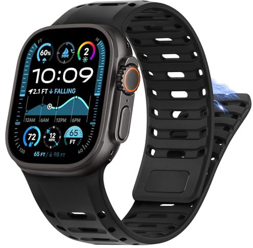 HITZEE Cinturino Sportivo Compatible con Cinturino Apple Watch 49/46/45/44/42mm, Uomini Magnetici Silicone Cinturini Compatibile per iWatch Ultra 2 Series 10 9 8 7 SE 6 5 4 3 2, Nero