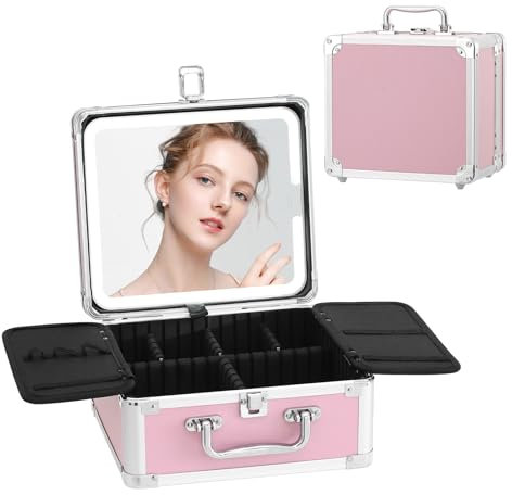 Leeora&Leekoo Kosmetikkoffer mit abnehmbarem beleuchtetem Spiegel, wasserdichter Reisekoffer, Kosmetik-Organizer und Schminkkoffer mit verstellbaren Trennwänden, Pink, Make-up-Koffer