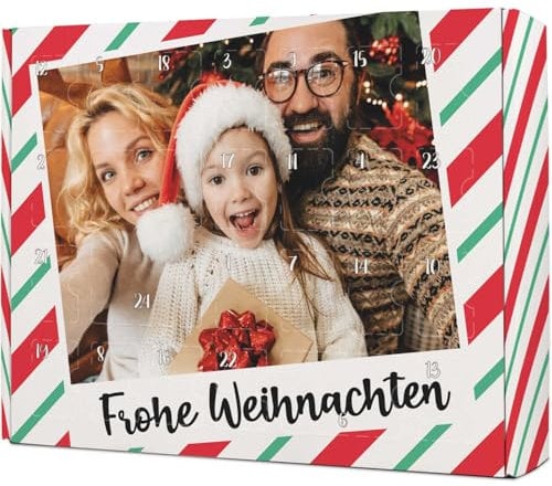 GRAVURZEILE – DIY Adventskalender zum Befüllen – Retro Foto – Weihnachtskalender Personalisiert mit eigenem Foto – 24 Fächer, Nikolaus & Heiligabend extra groß - Farbe: Rot