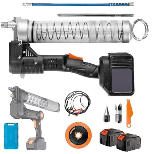 Electric Grease Gun Drill Adapter, Dual Mode Automatic/Continuous Pumping, Extension Rigid Pipe, 2 Battery Kit with Carrying Case, Explosion-Proof See-Through Tube, for Greasing Vehicles or Machines