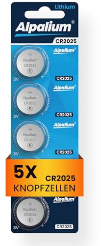Alpalium Batteria a bottone CR2025, confezione da 5, 3 V, alta potenza per telecomandi, portachiavi, CPU, dispositivi portatili e medici, CR 2025, qualità premium e lunga conservabilità