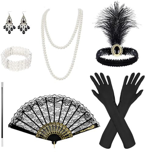 WPPQWP 9 Stück 20er Jahre Accessoires Damen, Mafia Kostüm Damen mit Kopfbedeckung, Armband, Spitzenfächer, Handschuhen, Halskette, Ohrringen, Gatsby Accessoires Damen für Karneval, Halloween