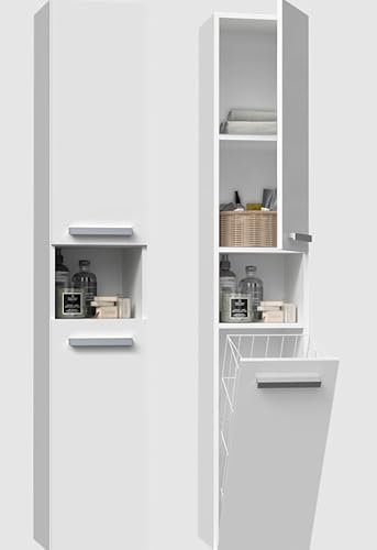 BDW Badezimmerschrank, Wäschekorb, 2 - Türen 174 x 31 x 30cm Unterschrank, Waschbeckenunterschrank, Hochschrank, Badmöbel, Bad-Hochschrank, Badregal, NEL III (Weiß)