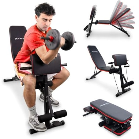 Mobiclinic®, Banco de Musculación, Con Cintas de Resistencia, Plegable, Con Ruedas, Multifunción, Press de Banca, Ajustable, Declinable e Inclinable, Hasta 120KG, Planefit, Gimnasio en casa