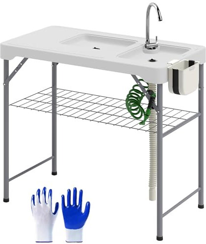 Outsunny Mesa para Limpiar Pescado Portátil Mesa Plegable para Camping con 2 Fregaderos Manguera de Drenaje Estación de Limpieza y Grifo para Pesca Barbacoa 108x58x92 cm Blanco