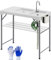 Outsunny Mesa para Limpiar Pescado Portátil Mesa Plegable para Camping con 2 Fregaderos Manguera de Drenaje Estación de Limpieza y Grifo para Pesca Barbacoa 108x58x92 cm Blanco