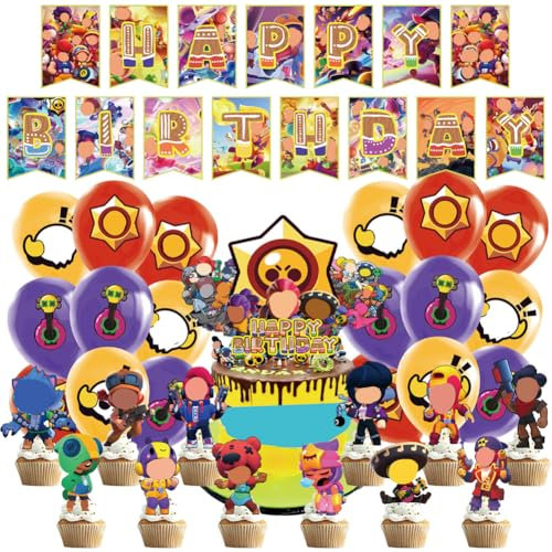 32 Stück Video Gaming Geburtstag Party Deko Set Inklusive Happy Birthday Banner Games Party Dekoration Luftballons Cupcake Topper Banner Süße Partyzubehör für Kinder