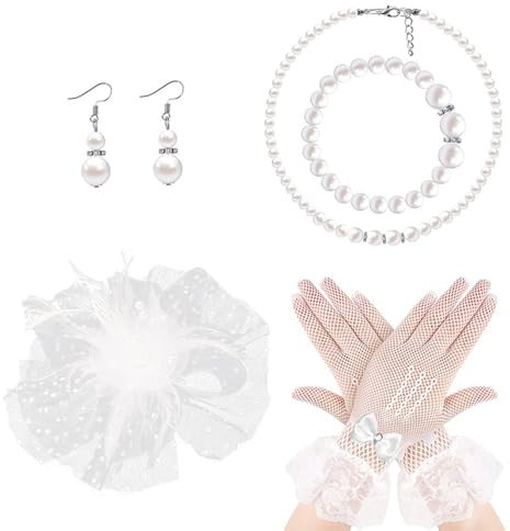 TOEECY Fascinator Set Blumen Haarschmuck Kopfbedeckung Netzhandschuhe Perlenkette Ohrringe Elegant Vintage Haarreif Hochzeit Kopfschmuck