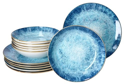 MamboCat Marina Service de table 12 pièces I Vaisselle en porcelaine bleue avec design maritime pour 6 personnes I Décor océan Gischt I 6 assiettes creuses et 6 assiettes plates pour le petit déjeuner