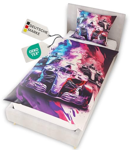 NYVI Renforce Kinderbettwäsche Glow in The Dark aus 100% Baumwolle - Vorderseite Leuchtend, mit Wendemuster, Reißverschluss, Oeko-TEX 100-135x200 cm Rennautos
