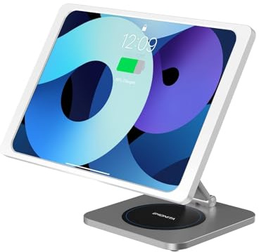 EMONITA Supporto magnetico per iPad con caricabatterie wireless per telefono, ricarica rapida 45 W, rotazione a 360 gradi, inclinazione di 90 gradi (argento, per iPad Pro da 12,9 pollici)