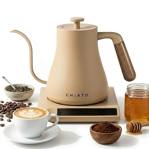CHiATO flowPLAY Schwanenhals Wasserkocher 0,6L – Gooseneck Kettle Elektrisch für Pour Over Kaffee, Barista Wasserkocher mit Temperatur Einstellung Edelstahl (Beige)