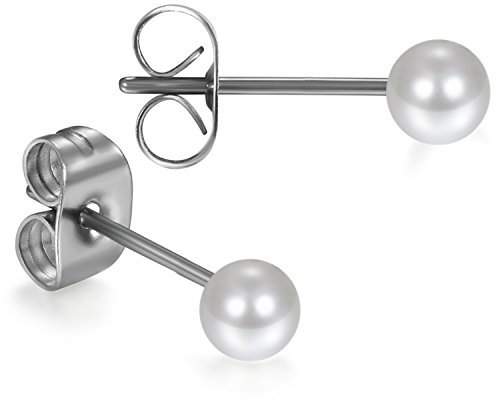 JewelryWe Schmuck Damen Ohrstecker, Elegant Edelstahl Imitation Perlen Kugel Ohrringe Gestüt Stecker Silber Weiß 3mm für Frauen Mädchen