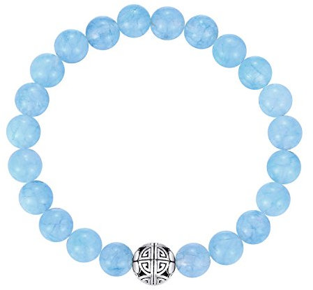 Natürliche 8 mm Edelsteine MetJakt Heilung Crystal Stretch Perlen Armband Armreif mit 925 Sterling Silber Double Happiness Anhänger (aquamarin)